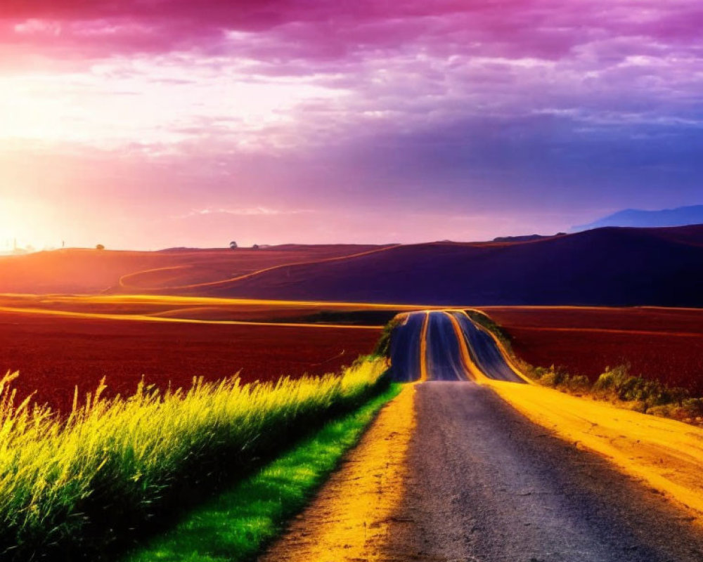 Scenic rural road at sunset with purple skies and golden light.