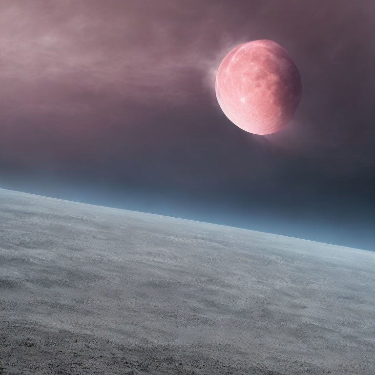 Barren landscape with dark sky and pink moon.