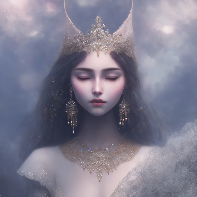 Mystical woman with ornate crown and ethereal attire in misty setting