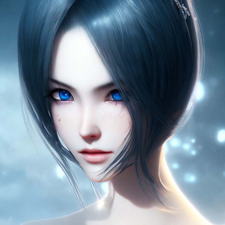 Illustration of female character with blue eyes, dark blue hair, pale skin, and freckles