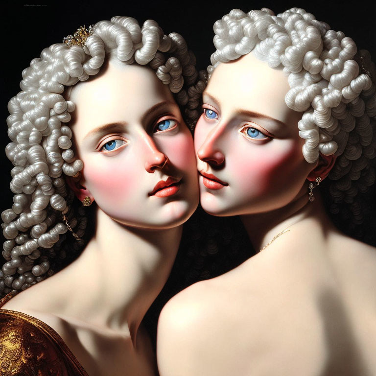 Identical female figures with pale skin and curly white hair sharing one pair of blue eyes against dark background