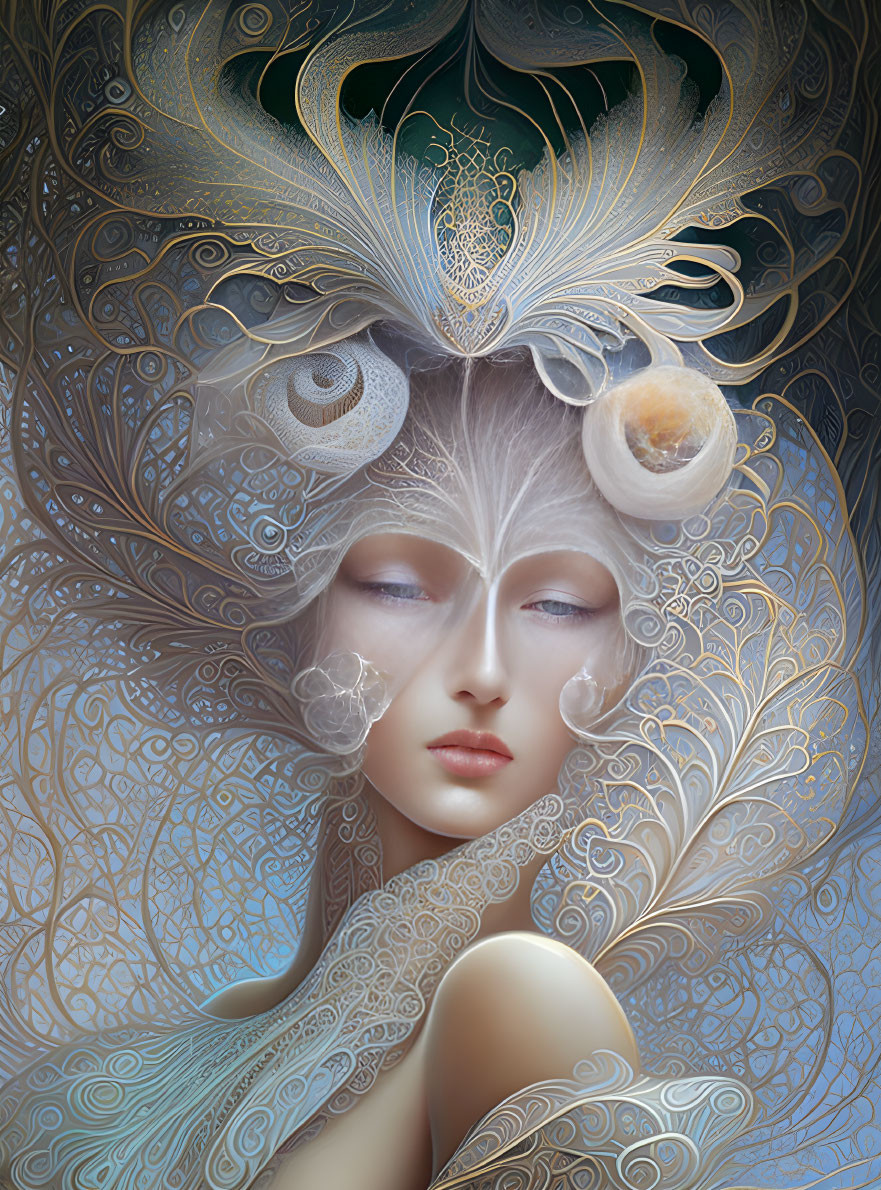 Ethereal digital artwork of woman with elaborate headpiece and swirling hair