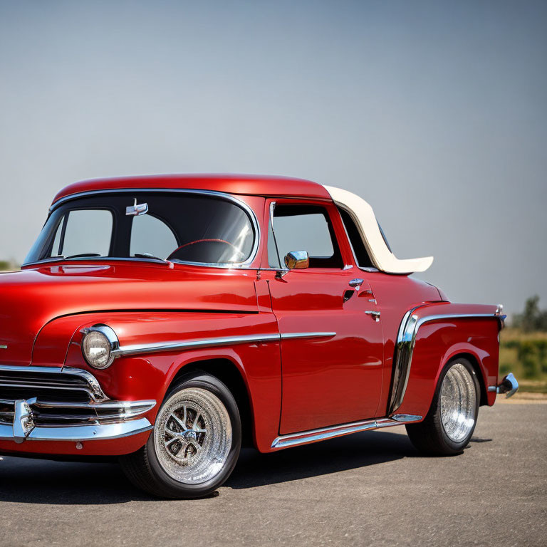 Vintage Red & White Truck with Chrome Accents and White-Wall Tires on Asphalt.