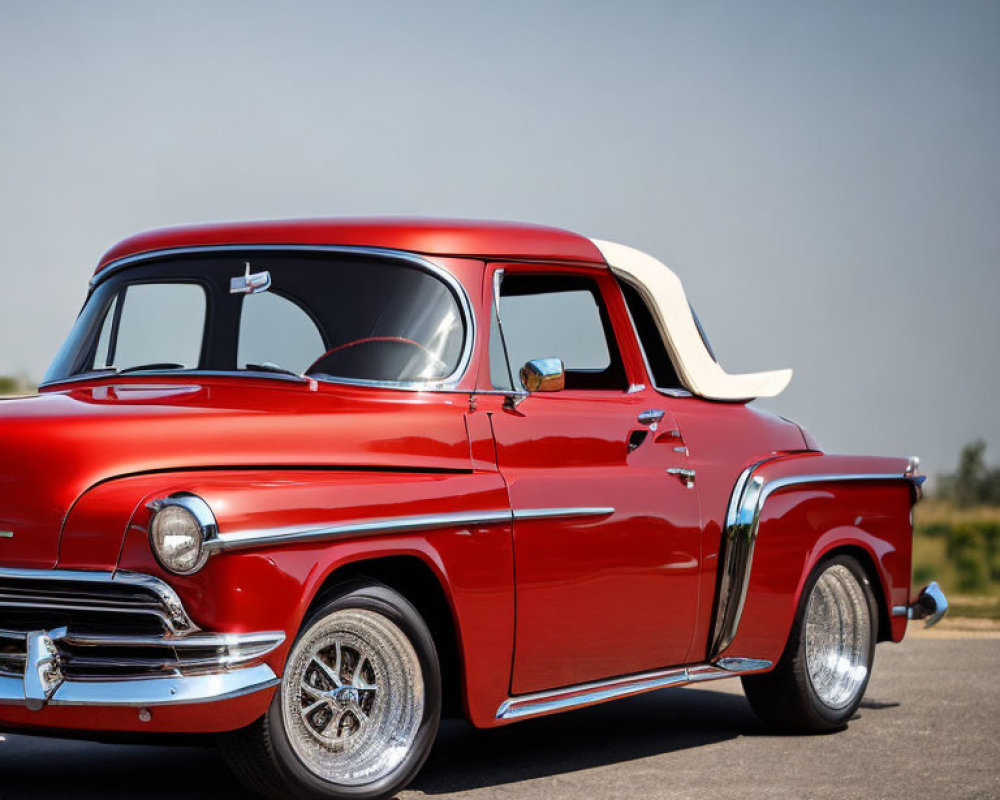 Vintage Red & White Truck with Chrome Accents and White-Wall Tires on Asphalt.