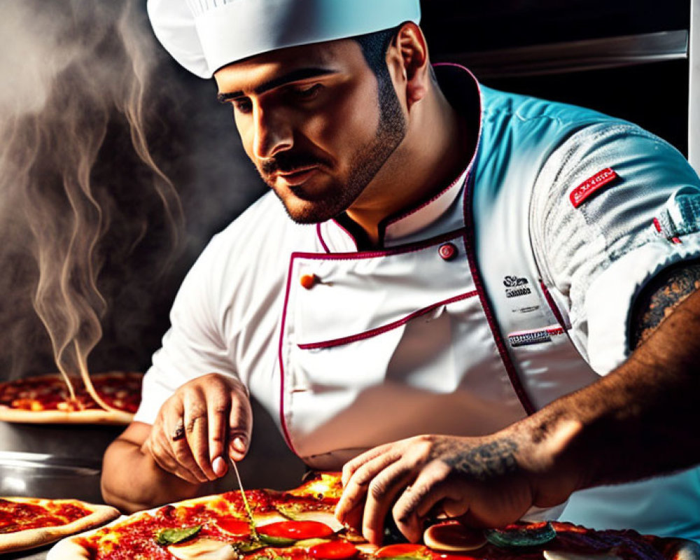 Chef garnishing freshly baked pizza in steamy kitchen