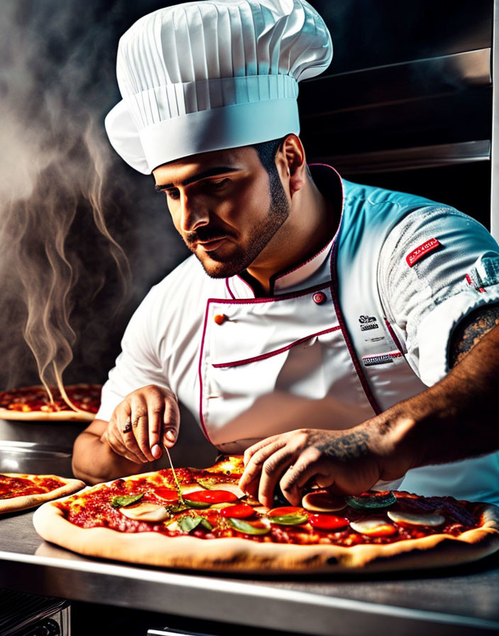 Chef garnishing freshly baked pizza in steamy kitchen