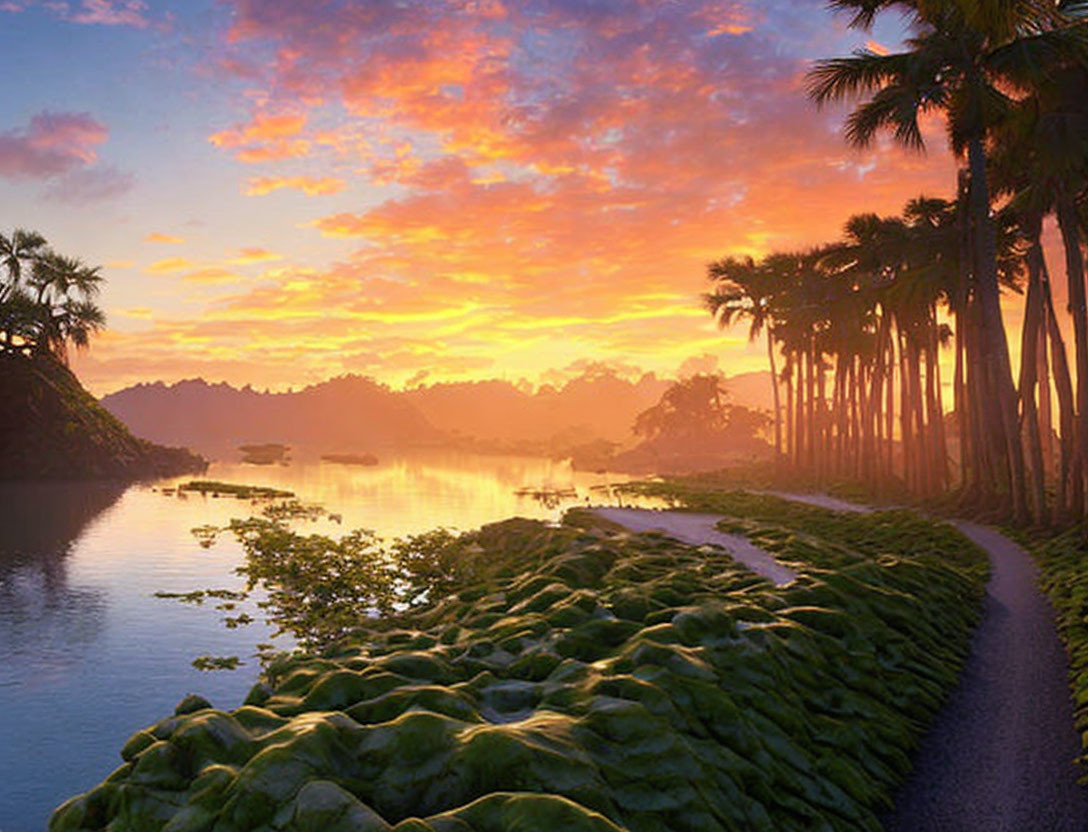 Tranquil river path with lush greenery and palm trees at sunset