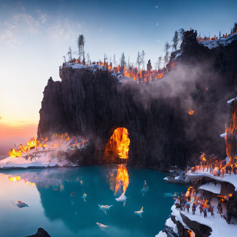 Volcanic eruption with lava flow into blue lagoon, onlookers watching safely