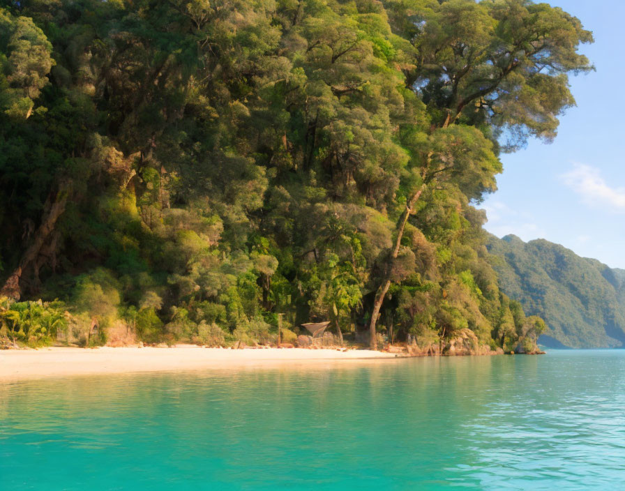 Scenic Tropical Beach with Hut, Greenery, Blue Water, and Mountain