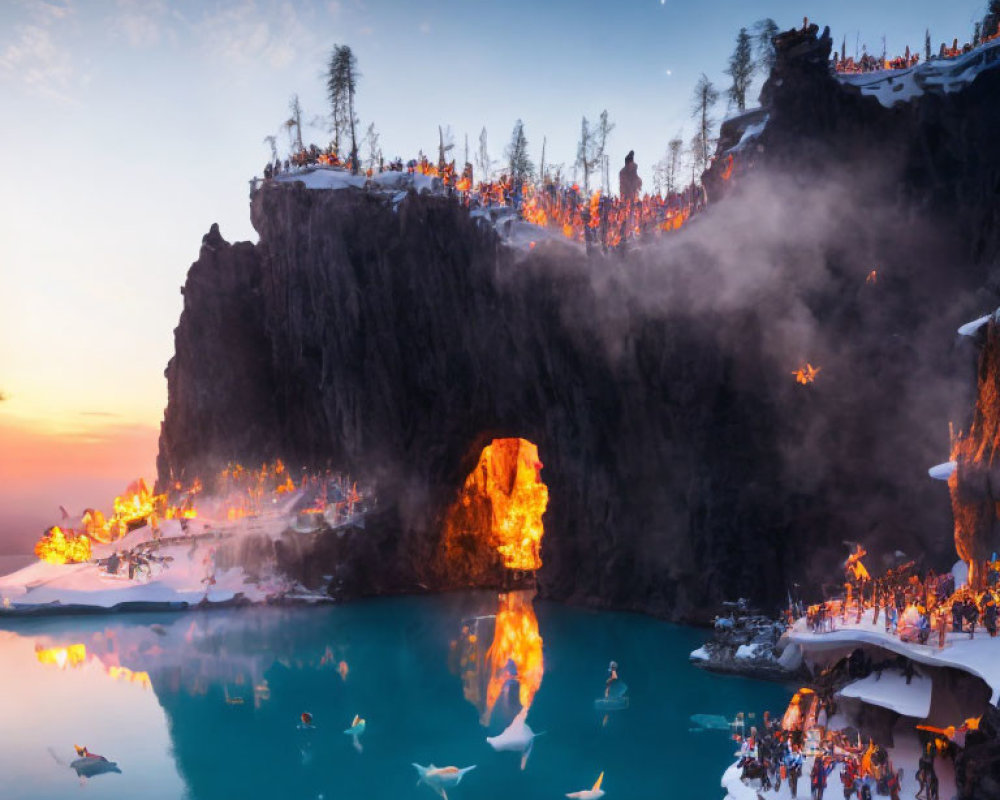 Volcanic eruption with lava flow into blue lagoon, onlookers watching safely