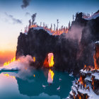 Volcanic eruption with lava flow into blue lagoon, onlookers watching safely