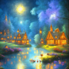 Twilight scene with illuminated cottages, river, ducks, fireflies, moon, plants, and