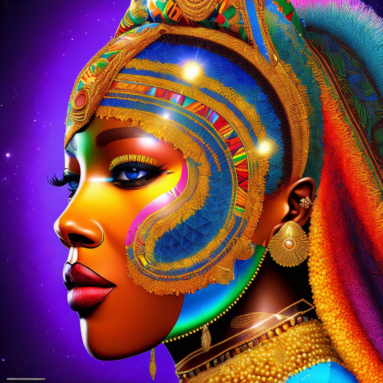 Colorful digital artwork: Woman with golden headdress, intricate skin patterns, star background.