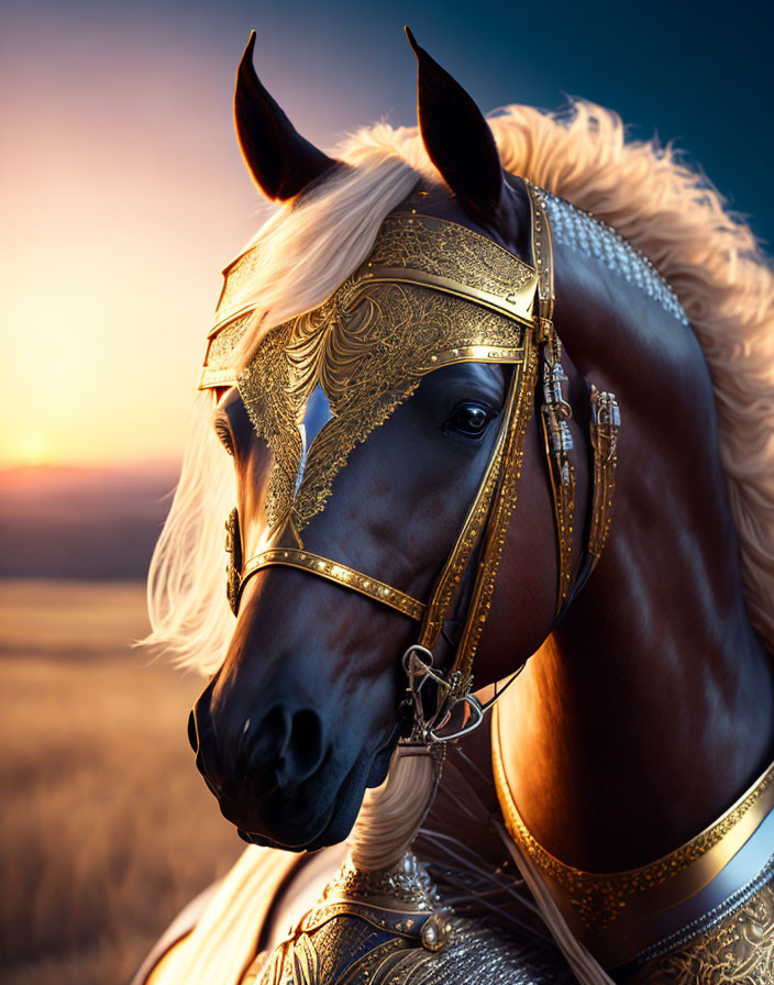 Dark horse with white mane in golden armor against warm sunset.