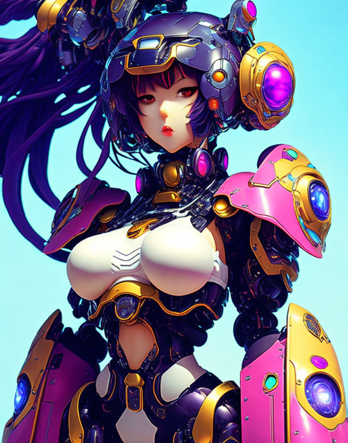 Female character in purple mechanical armor with glowing blue accents and goggles