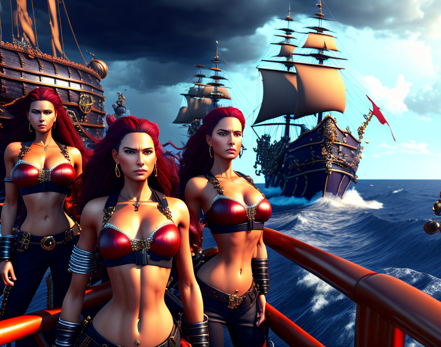 Animated female pirates on ship with stormy sea & approaching ships