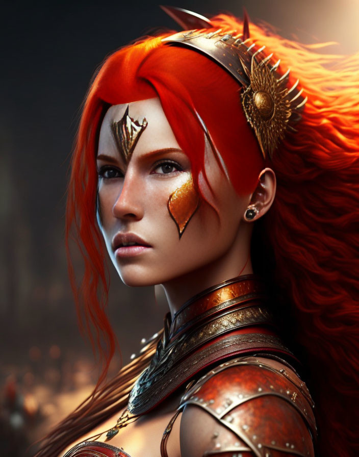 Striking red-haired woman with golden crown and armor.