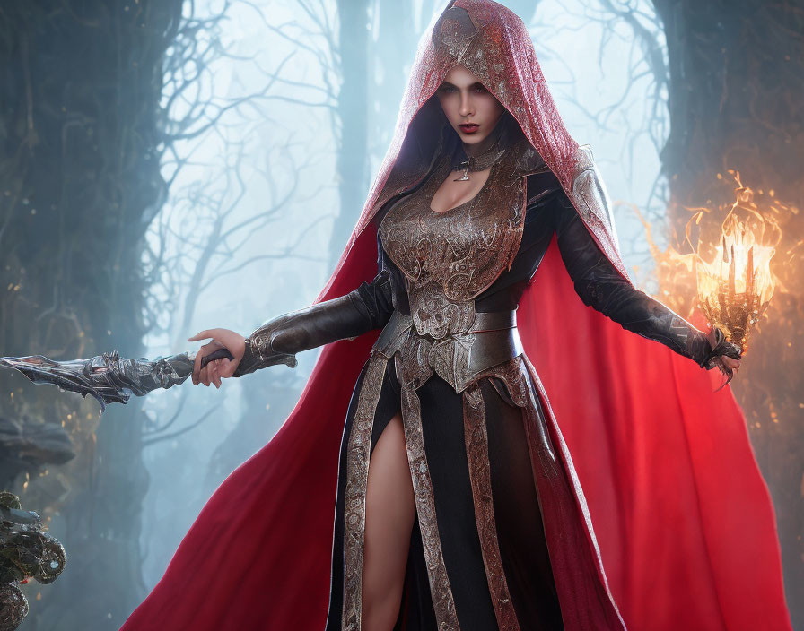 Fantasy warrior woman in red cloak and detailed armor in misty forest