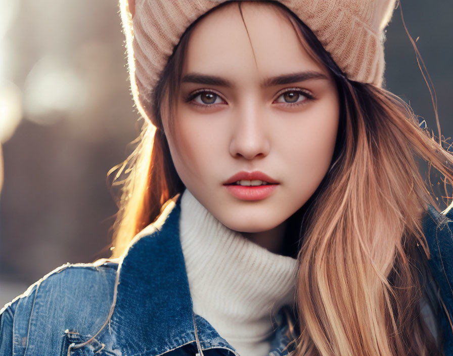 Young woman in beige beanie and denim jacket portrait with soft-focused background