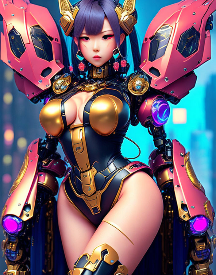 Purple-haired female in gold and pink mechanical armor in futuristic cityscape