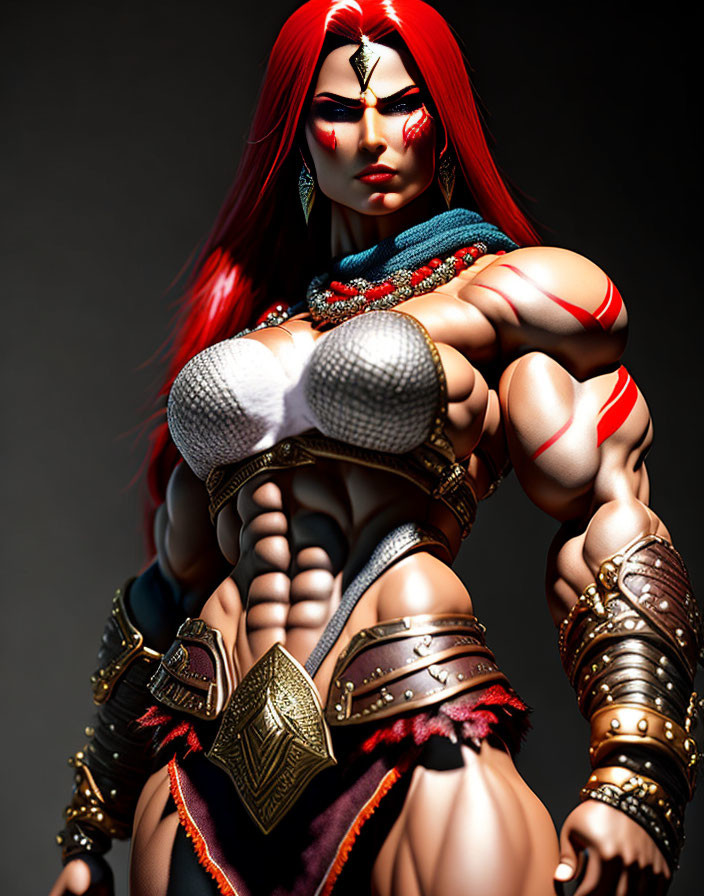 Red-Haired Warrior Woman Figurine in Fantasy Armor on Dark Background