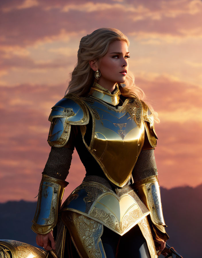 Woman in Golden Armor Gazing at Sunset Sky