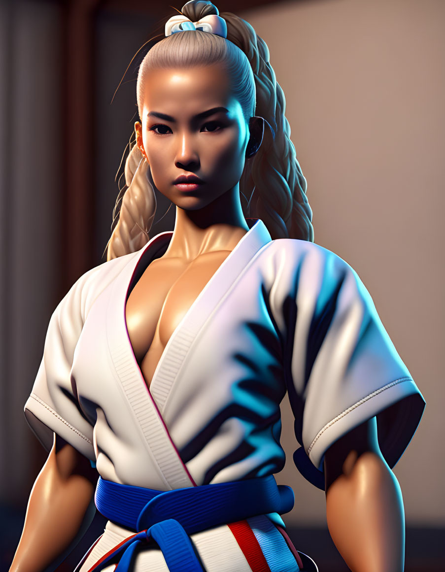 Digital artwork of woman in braided hair, white and blue martial arts gi, red and white belt