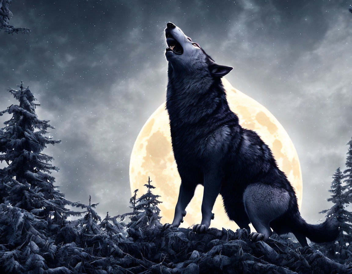 Wild wolf howling under full moon on forested hilltop