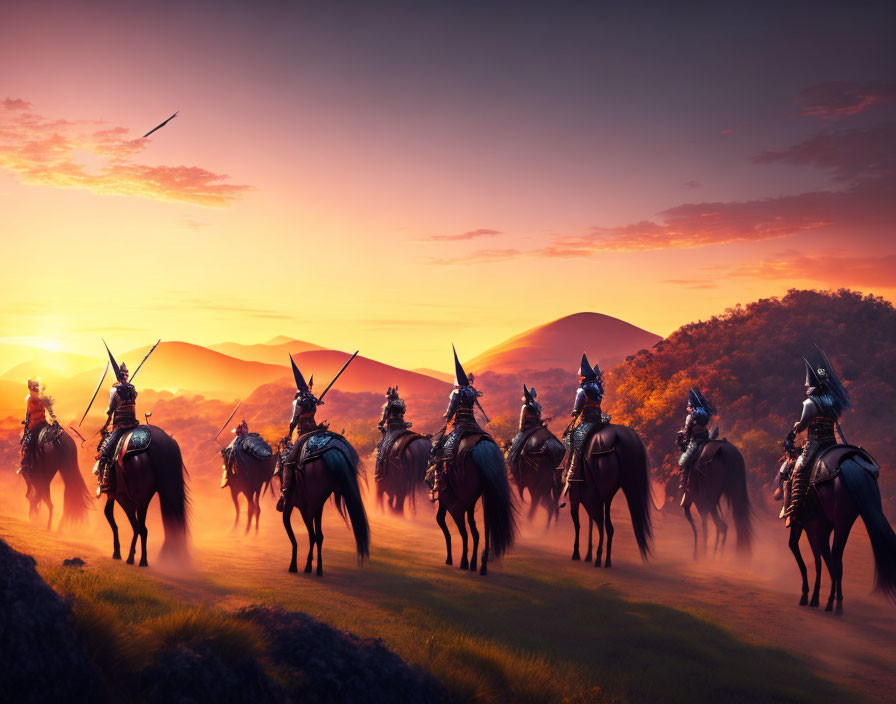 Armored knights on horseback riding in grassy landscape at sunset