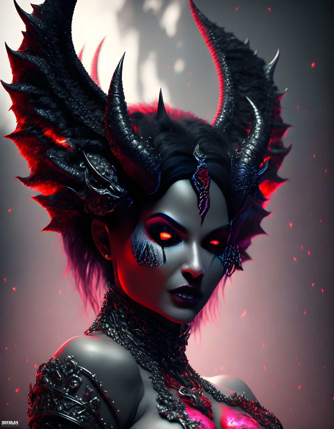 Female character with dark makeup, horned headpiece, and glowing red eyes in mystical setting