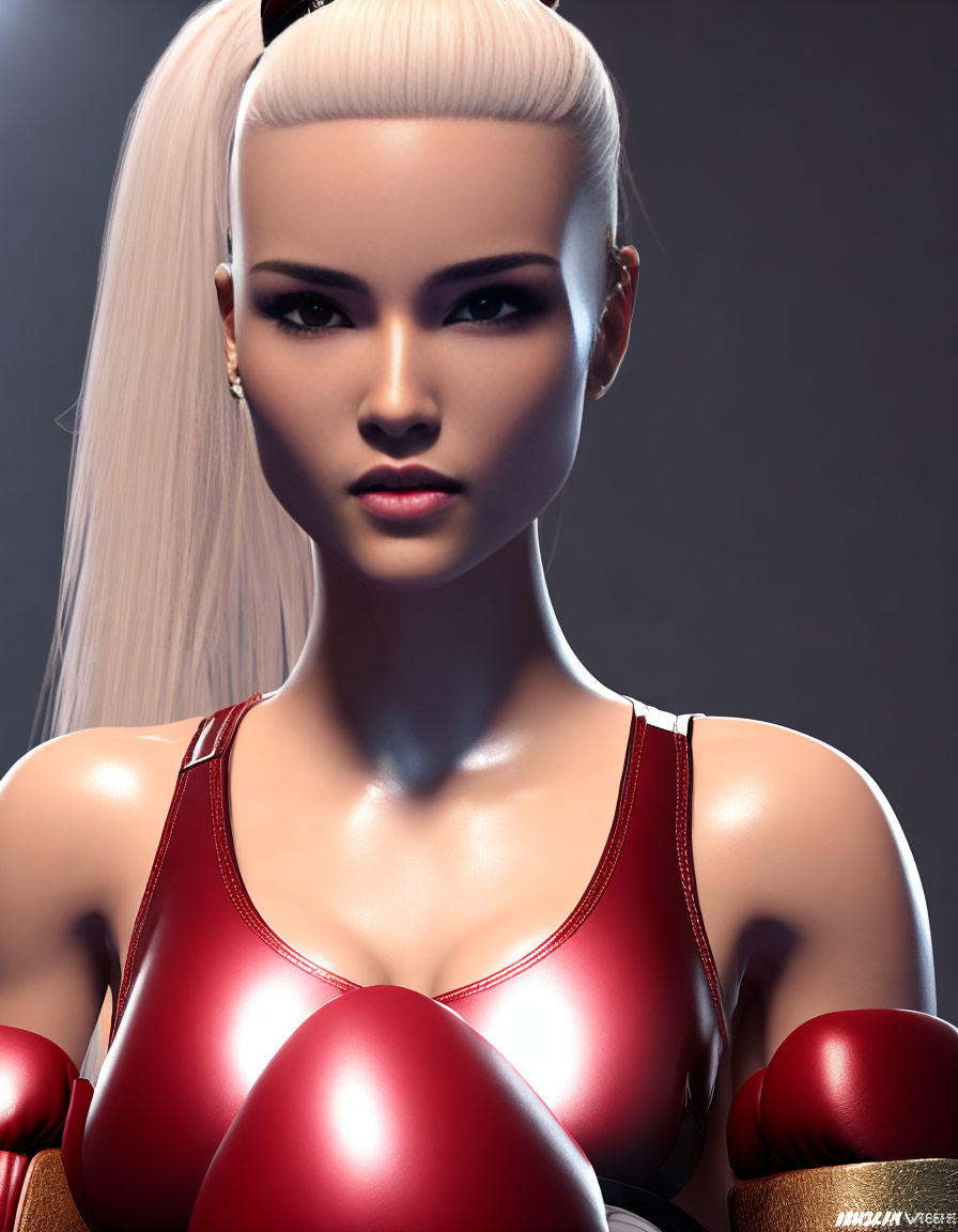 Digital Art: Woman with Ponytail in Boxing Gloves & Red Top