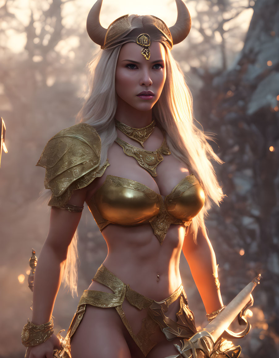 Golden fantasy armor woman with horns in misty forest at dusk