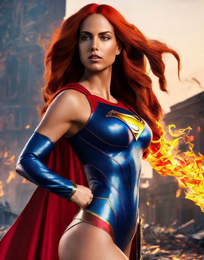 Female superhero with red hair, cape, and 'S' emblem in blue costume