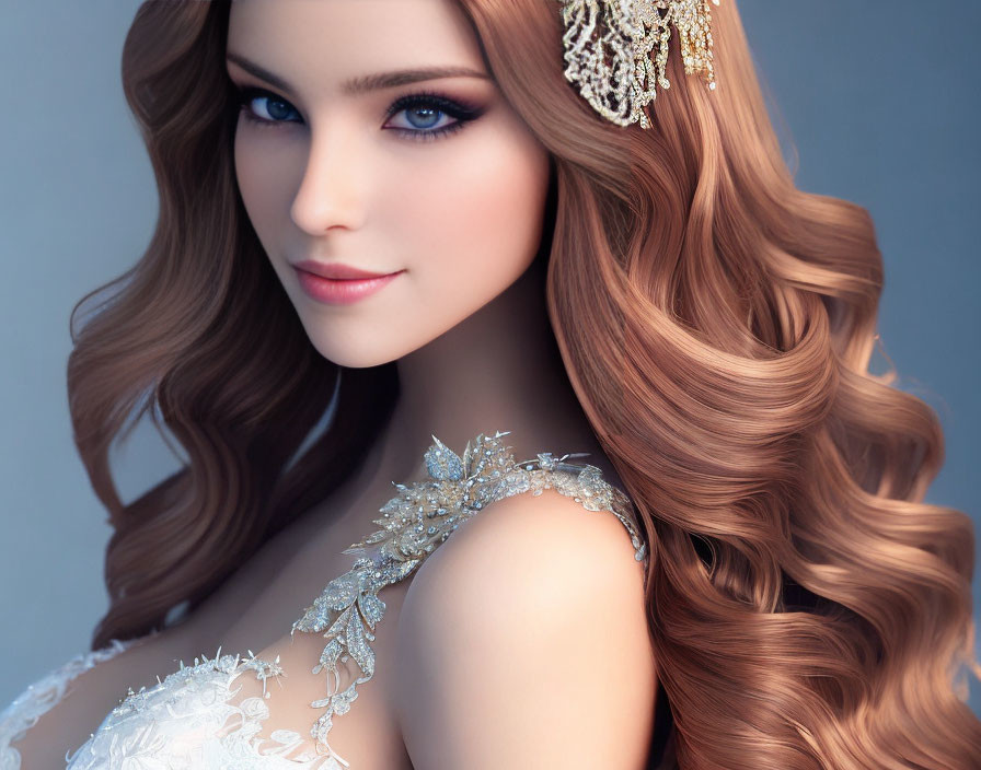 Elegant woman with wavy hair in lacy dress and bejeweled accessory