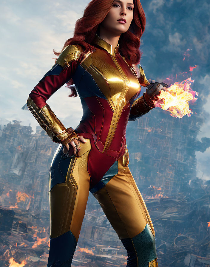 Superhero in red and gold costume with flaming hand on blurred background