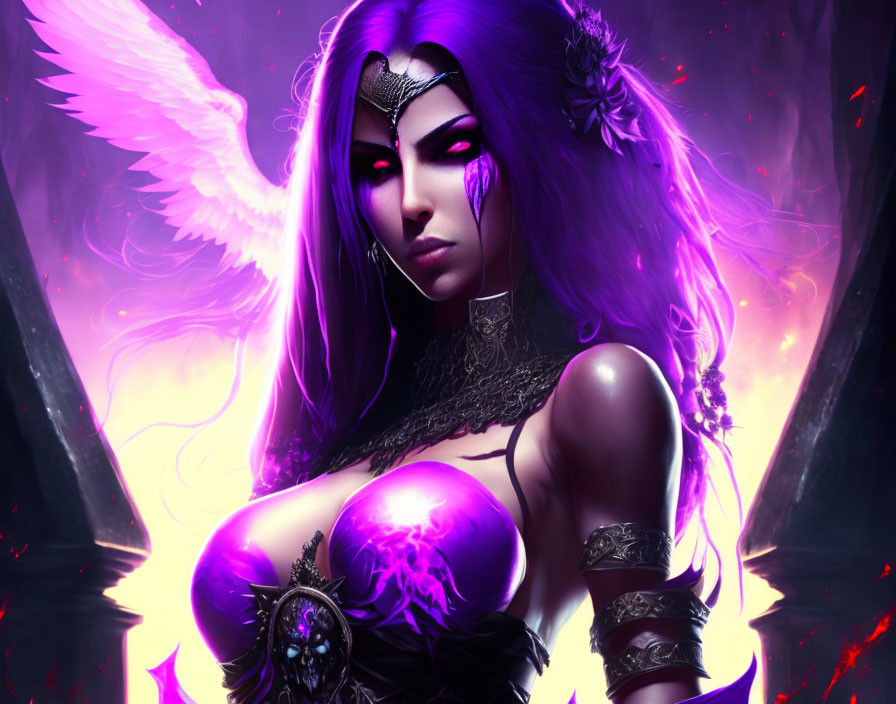 Purple-skinned female warrior with glowing eyes and dark angelic wings in mystical fantasy art.