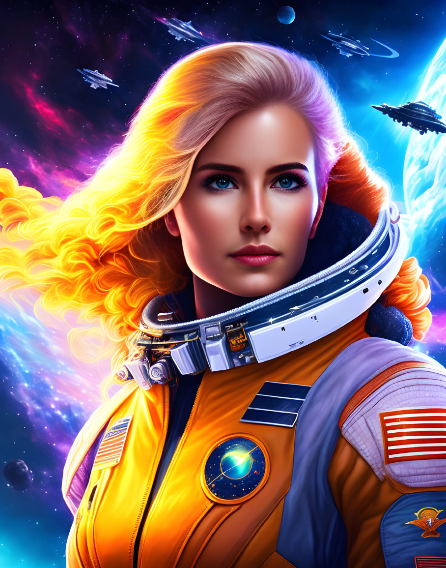 Blonde Woman Astronaut in Orange Space Suit amidst Cosmic Spaceships