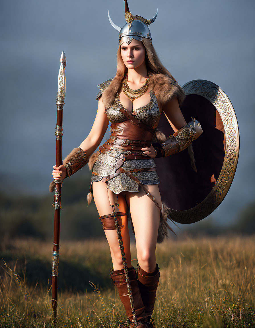 Viking-inspired woman in armor with helmet, spear, and shield in open field