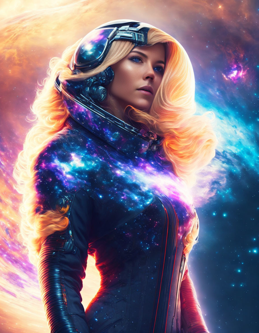 Blonde Woman in Futuristic Space Suit Against Cosmic Background