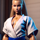 Digital artwork of woman in braided hair, white and blue martial arts gi, red and white belt