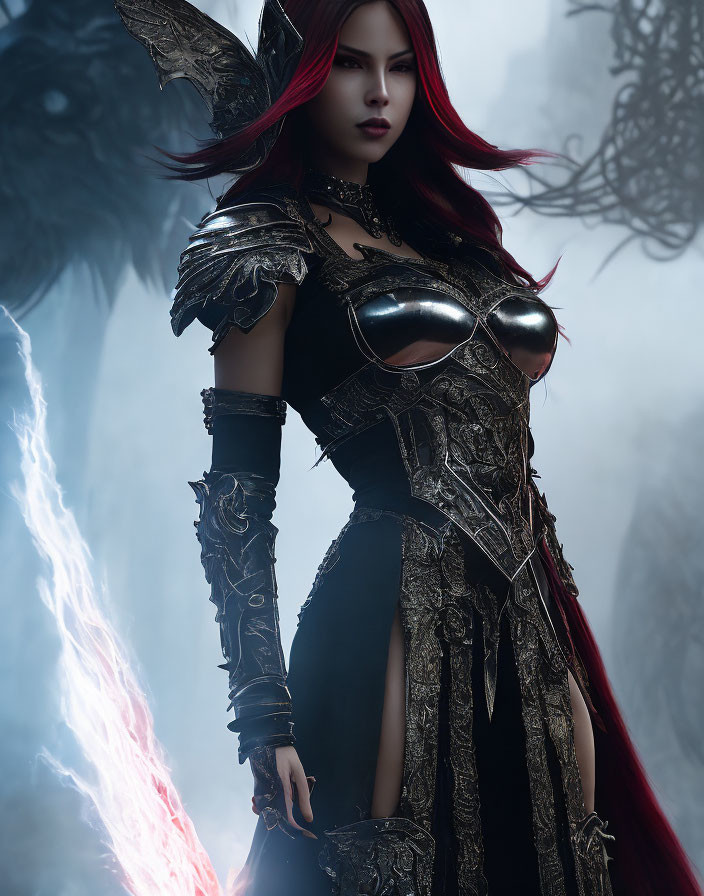 Red-haired woman in dark fantasy armor with mystical blue flame