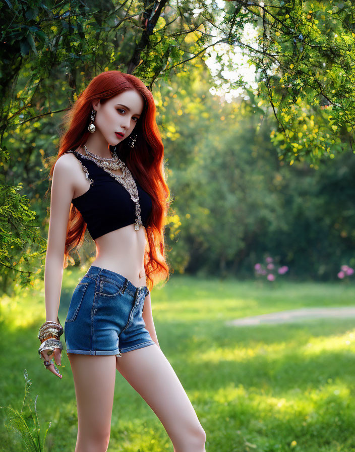 Red-Haired Woman in Black Top and Denim Shorts in Green Park