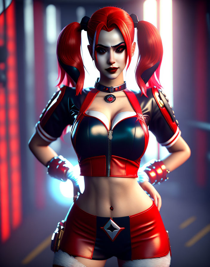 Digital artwork featuring female character with red pigtails and black outfit in neon-lit corridor