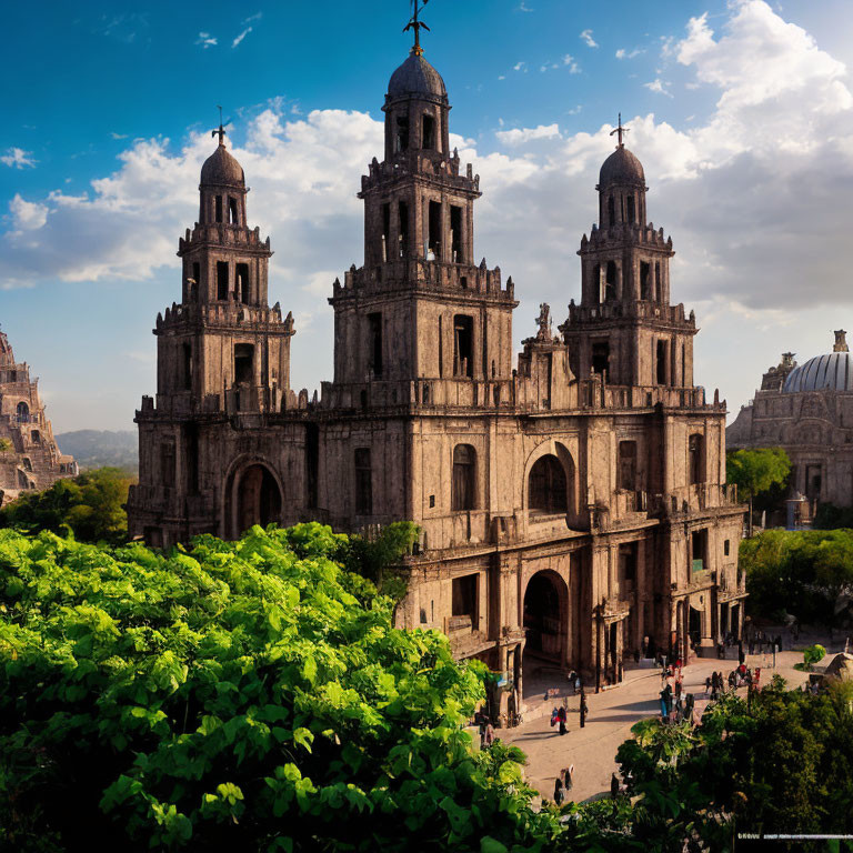 Colonial cathedral with twin bell towers in lush greenery