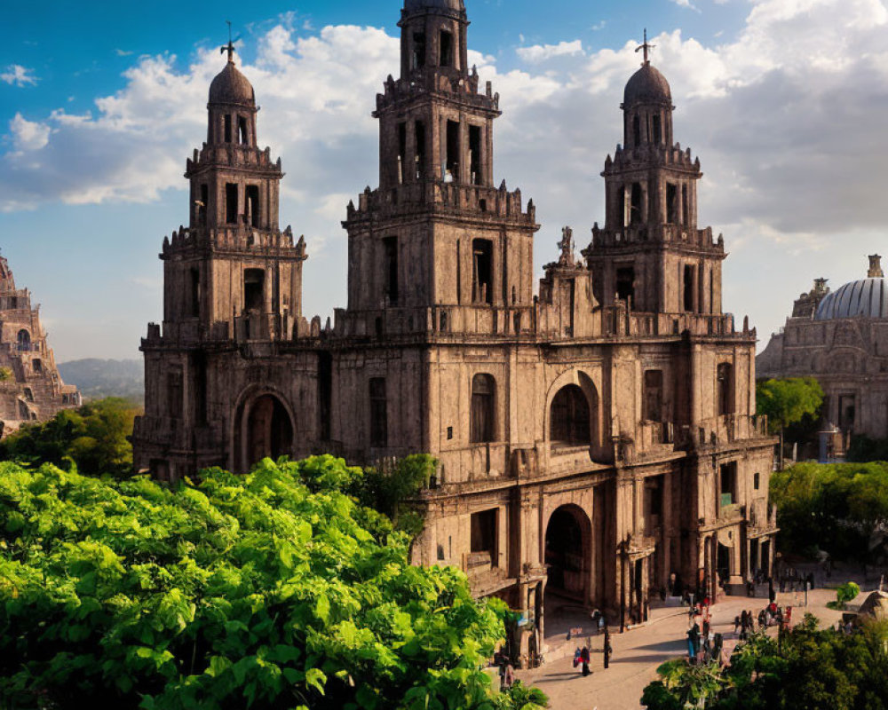 Colonial cathedral with twin bell towers in lush greenery