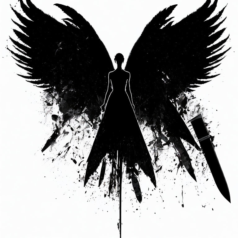 Stylized winged figure with sword in dynamic ink splatter effect