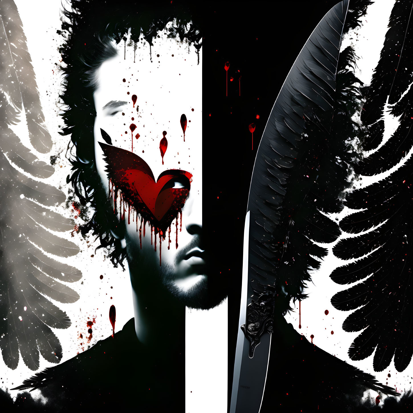 Male figure with bleeding heart, wings, and transforming feather blade in stylized image