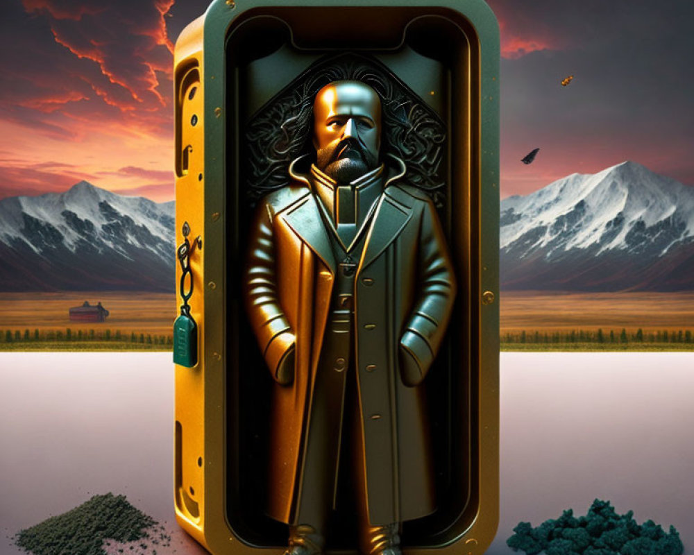 Classical composer character in surreal music box with mountain backdrop