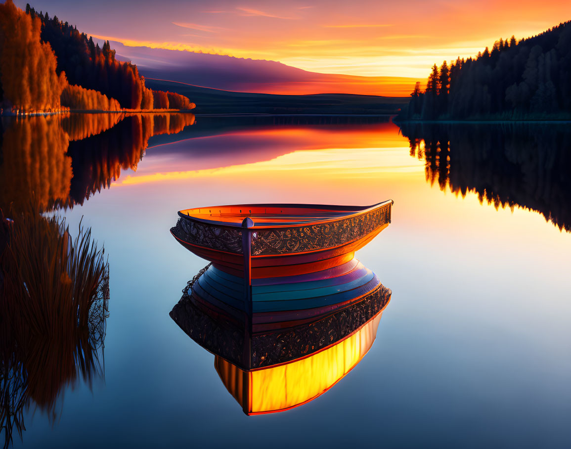 Tranquil sunset over still lake with colorful boat and autumn trees