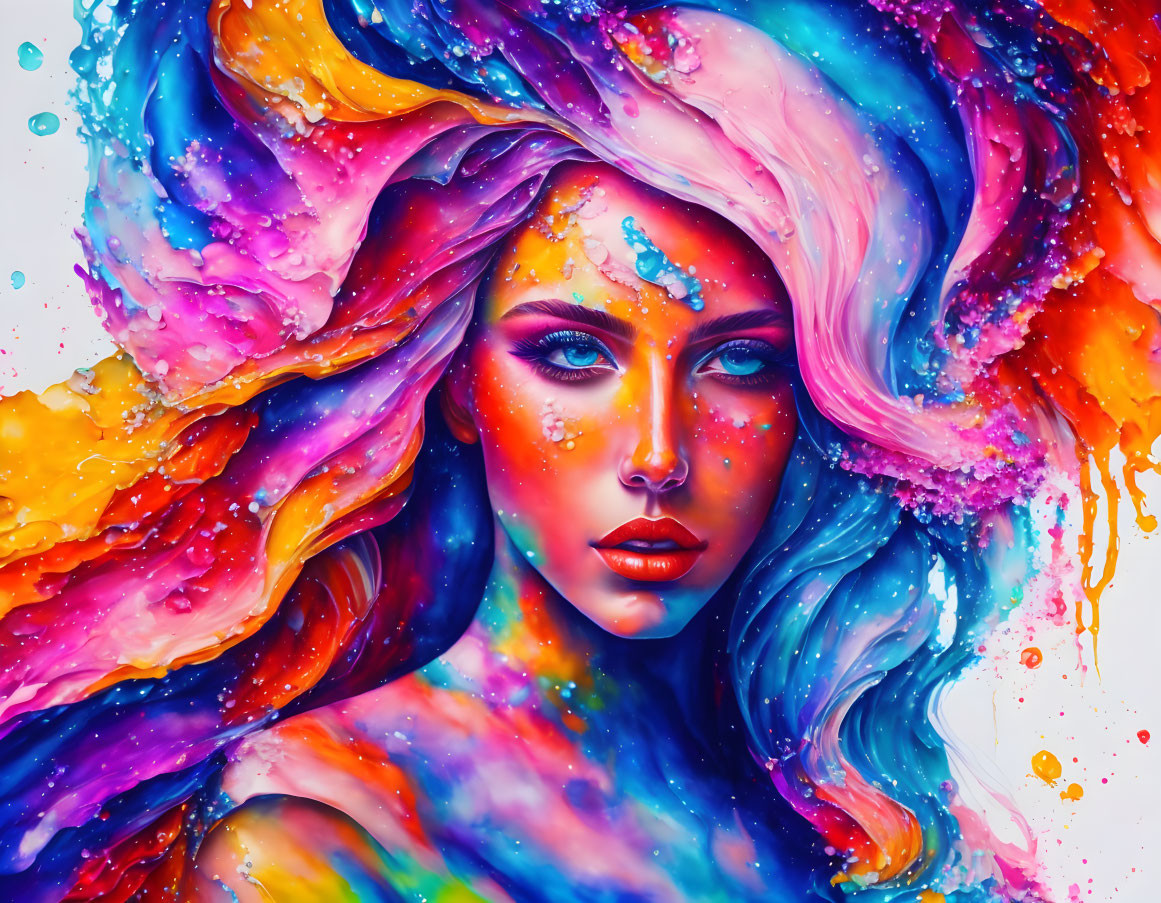 Colorful portrait of a woman with flowing rainbow hair and paint drips